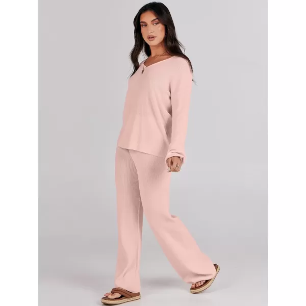 imageANRABESS Womens Two Piece Outfits Sweater Sets Long Sleeve V Neck Knit Pullover and Wide Leg Pants Lounge SetsPink