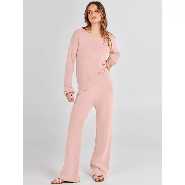 imageANRABESS Womens Two Piece Outfits Sweater Sets Long Sleeve V Neck Knit Pullover and Wide Leg Pants Lounge SetsPink