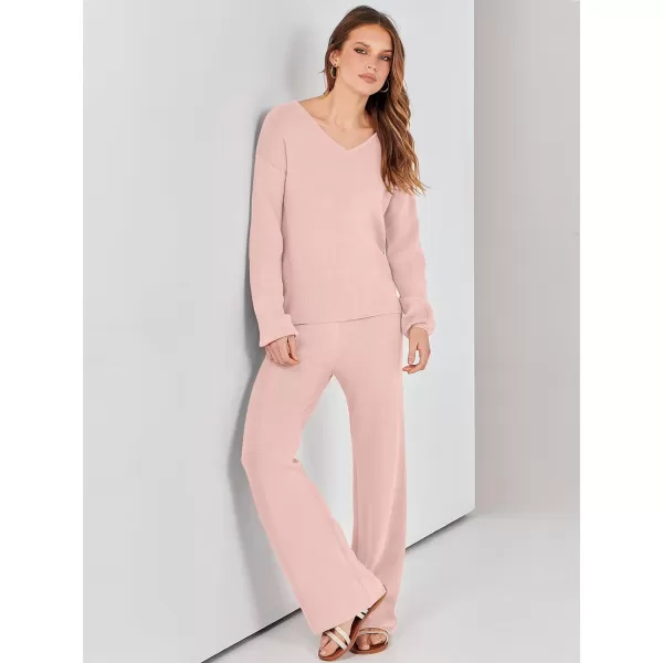 imageANRABESS Womens Two Piece Outfits Sweater Sets Long Sleeve V Neck Knit Pullover and Wide Leg Pants Lounge SetsPink