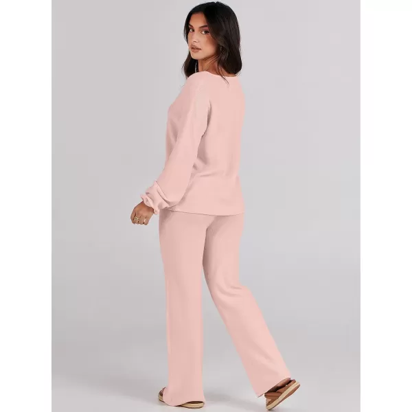 imageANRABESS Womens Two Piece Outfits Sweater Sets Long Sleeve V Neck Knit Pullover and Wide Leg Pants Lounge SetsPink