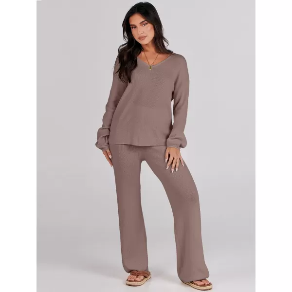 imageANRABESS Womens Two Piece Outfits Sweater Sets Long Sleeve V Neck Knit Pullover and Wide Leg Pants Lounge SetsPinkalmond