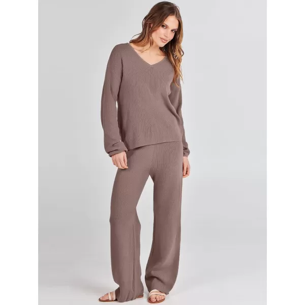imageANRABESS Womens Two Piece Outfits Sweater Sets Long Sleeve V Neck Knit Pullover and Wide Leg Pants Lounge SetsPinkalmond