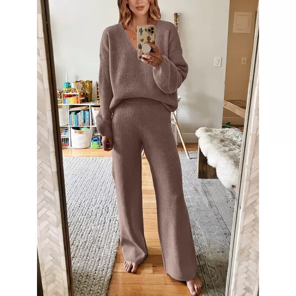 imageANRABESS Womens Two Piece Outfits Sweater Sets Long Sleeve V Neck Knit Pullover and Wide Leg Pants Lounge SetsPinkalmond