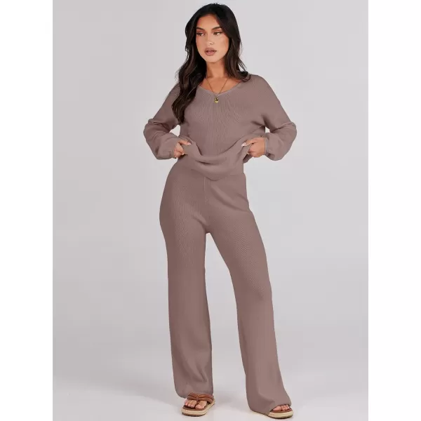 imageANRABESS Womens Two Piece Outfits Sweater Sets Long Sleeve V Neck Knit Pullover and Wide Leg Pants Lounge SetsPinkalmond