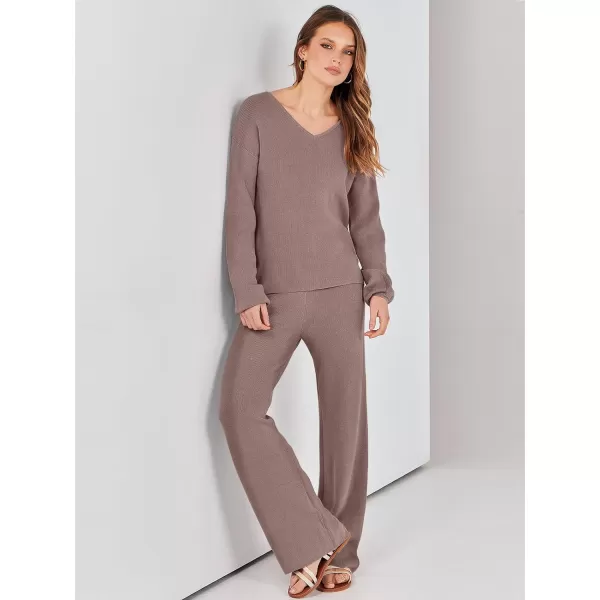 imageANRABESS Womens Two Piece Outfits Sweater Sets Long Sleeve V Neck Knit Pullover and Wide Leg Pants Lounge SetsPinkalmond