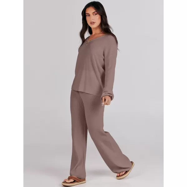 imageANRABESS Womens Two Piece Outfits Sweater Sets Long Sleeve V Neck Knit Pullover and Wide Leg Pants Lounge SetsPinkalmond