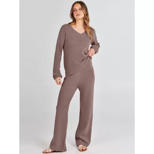 imageANRABESS Womens Two Piece Outfits Sweater Sets Long Sleeve V Neck Knit Pullover and Wide Leg Pants Lounge SetsPinkalmond