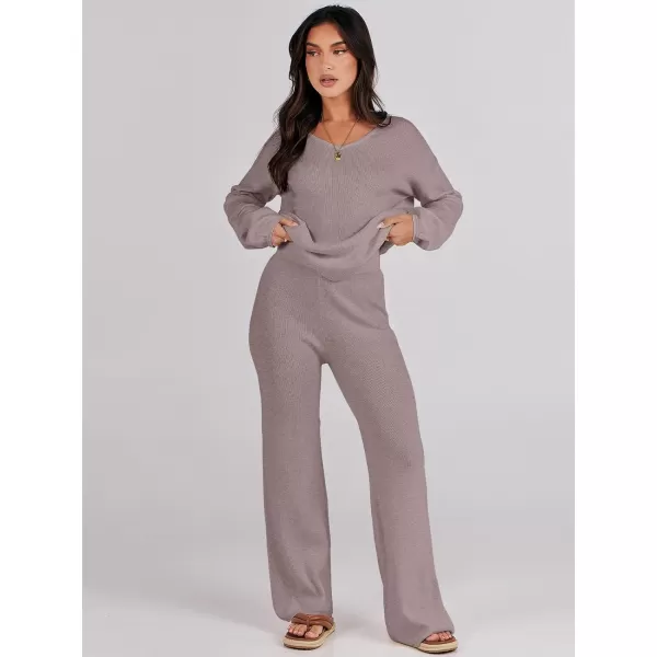 imageANRABESS Womens Two Piece Outfits Sweater Sets Long Sleeve V Neck Knit Pullover and Wide Leg Pants Lounge SetsRed Khaki