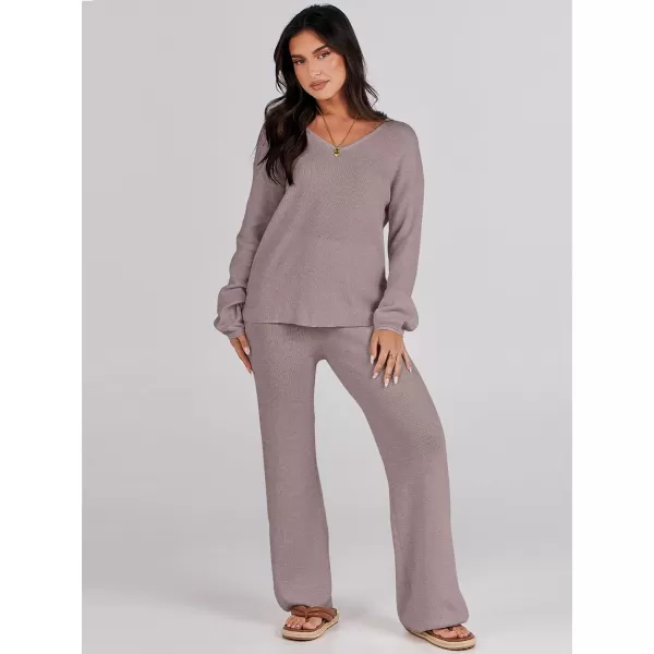 imageANRABESS Womens Two Piece Outfits Sweater Sets Long Sleeve V Neck Knit Pullover and Wide Leg Pants Lounge SetsRed Khaki
