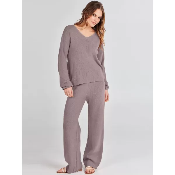 imageANRABESS Womens Two Piece Outfits Sweater Sets Long Sleeve V Neck Knit Pullover and Wide Leg Pants Lounge SetsRed Khaki