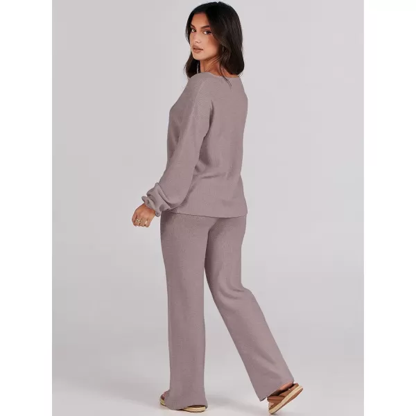 imageANRABESS Womens Two Piece Outfits Sweater Sets Long Sleeve V Neck Knit Pullover and Wide Leg Pants Lounge SetsRed Khaki