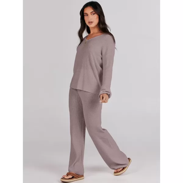 imageANRABESS Womens Two Piece Outfits Sweater Sets Long Sleeve V Neck Knit Pullover and Wide Leg Pants Lounge SetsRed Khaki