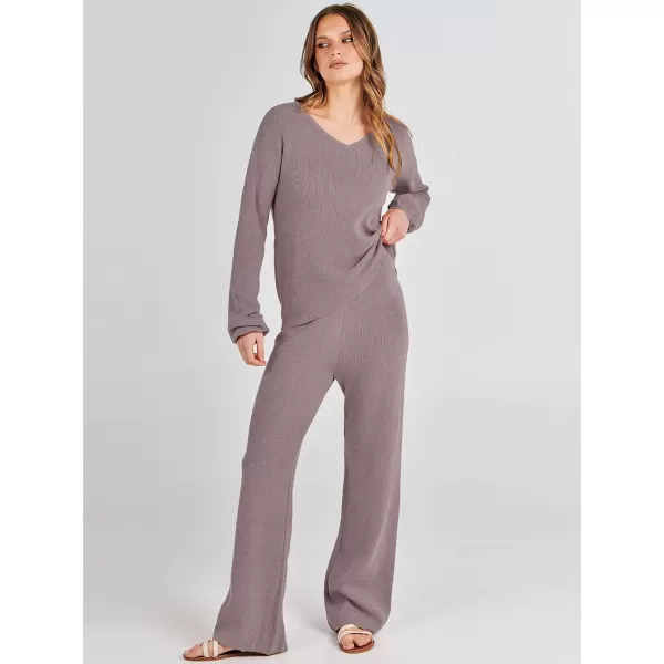 imageANRABESS Womens Two Piece Outfits Sweater Sets Long Sleeve V Neck Knit Pullover and Wide Leg Pants Lounge SetsRed Khaki