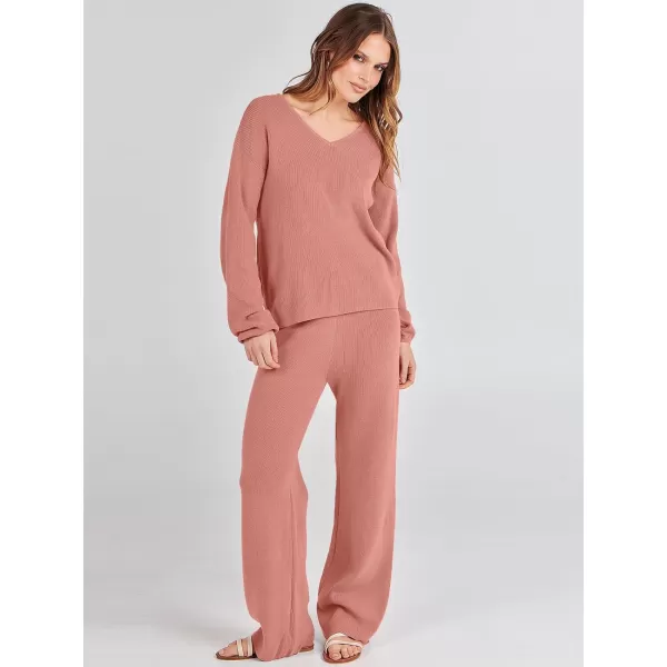 imageANRABESS Womens Two Piece Outfits Sweater Sets Long Sleeve V Neck Knit Pullover and Wide Leg Pants Lounge SetsRust