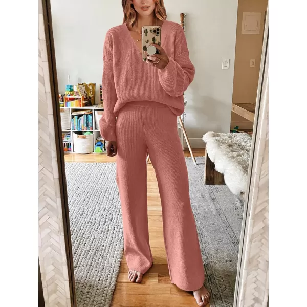 imageANRABESS Womens Two Piece Outfits Sweater Sets Long Sleeve V Neck Knit Pullover and Wide Leg Pants Lounge SetsRust