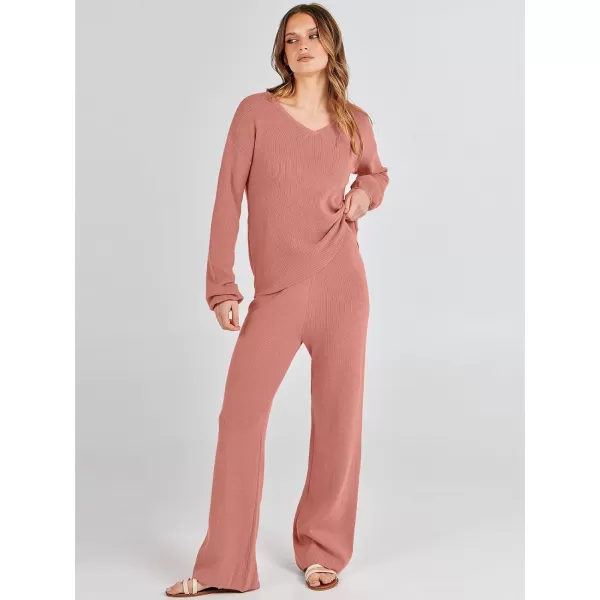 imageANRABESS Womens Two Piece Outfits Sweater Sets Long Sleeve V Neck Knit Pullover and Wide Leg Pants Lounge SetsRust