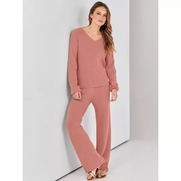 imageANRABESS Womens Two Piece Outfits Sweater Sets Long Sleeve V Neck Knit Pullover and Wide Leg Pants Lounge SetsRust