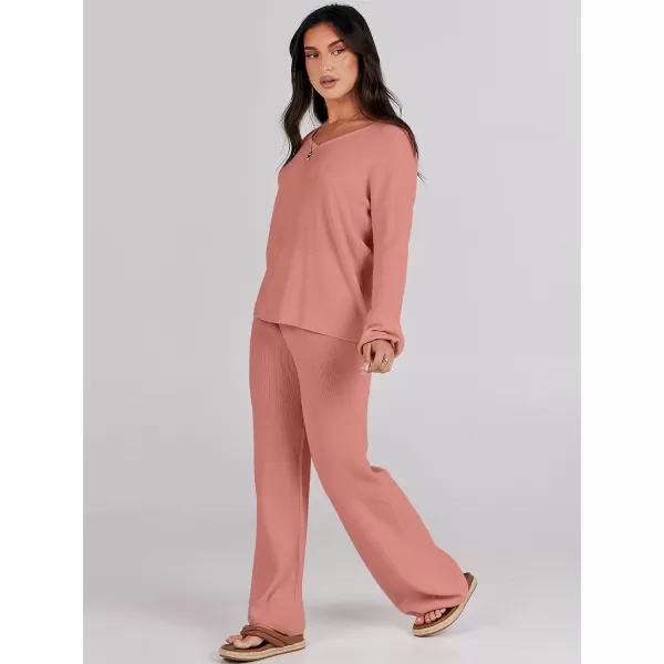 imageANRABESS Womens Two Piece Outfits Sweater Sets Long Sleeve V Neck Knit Pullover and Wide Leg Pants Lounge SetsRust