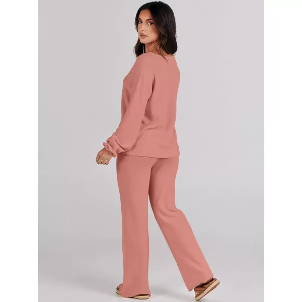 imageANRABESS Womens Two Piece Outfits Sweater Sets Long Sleeve V Neck Knit Pullover and Wide Leg Pants Lounge SetsRust