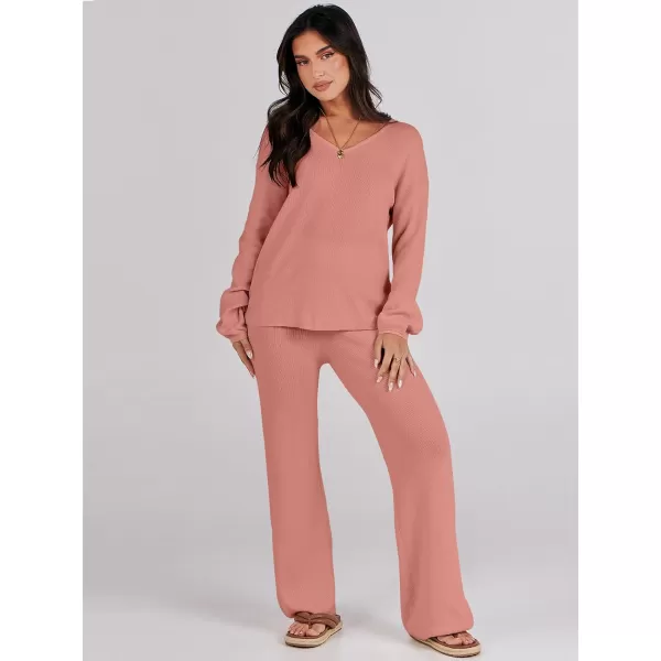 imageANRABESS Womens Two Piece Outfits Sweater Sets Long Sleeve V Neck Knit Pullover and Wide Leg Pants Lounge SetsRust