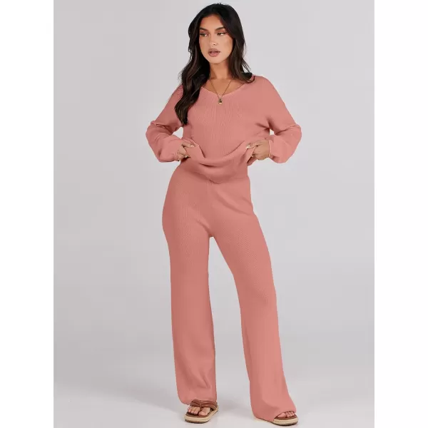 imageANRABESS Womens Two Piece Outfits Sweater Sets Long Sleeve V Neck Knit Pullover and Wide Leg Pants Lounge SetsRust