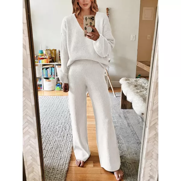 imageANRABESS Womens Two Piece Outfits Sweater Sets Long Sleeve V Neck Knit Pullover and Wide Leg Pants Lounge SetsWhite