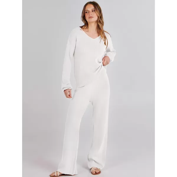 imageANRABESS Womens Two Piece Outfits Sweater Sets Long Sleeve V Neck Knit Pullover and Wide Leg Pants Lounge SetsWhite