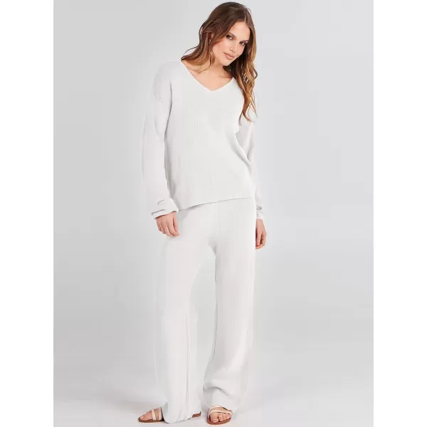 imageANRABESS Womens Two Piece Outfits Sweater Sets Long Sleeve V Neck Knit Pullover and Wide Leg Pants Lounge SetsWhite