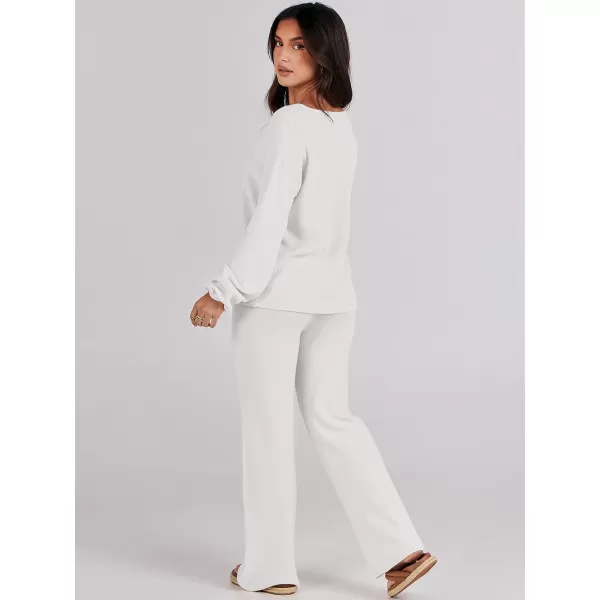 imageANRABESS Womens Two Piece Outfits Sweater Sets Long Sleeve V Neck Knit Pullover and Wide Leg Pants Lounge SetsWhite