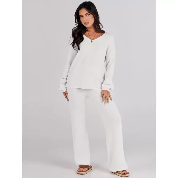 imageANRABESS Womens Two Piece Outfits Sweater Sets Long Sleeve V Neck Knit Pullover and Wide Leg Pants Lounge SetsWhite