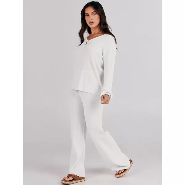 imageANRABESS Womens Two Piece Outfits Sweater Sets Long Sleeve V Neck Knit Pullover and Wide Leg Pants Lounge SetsWhite