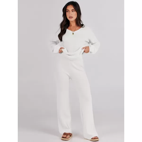 imageANRABESS Womens Two Piece Outfits Sweater Sets Long Sleeve V Neck Knit Pullover and Wide Leg Pants Lounge SetsWhite