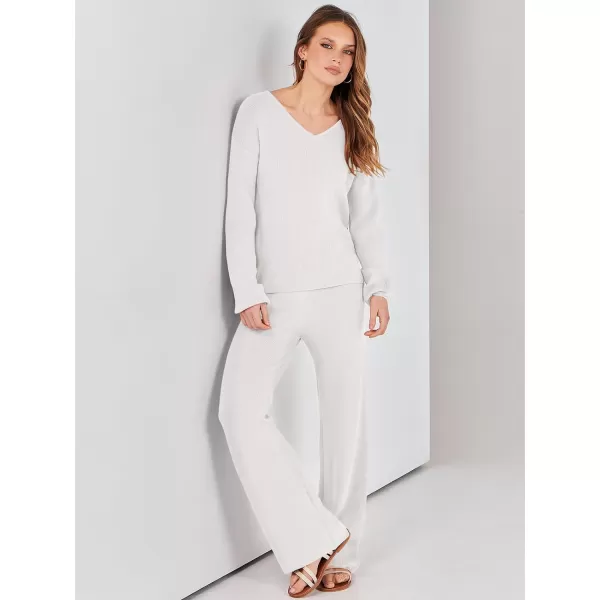 imageANRABESS Womens Two Piece Outfits Sweater Sets Long Sleeve V Neck Knit Pullover and Wide Leg Pants Lounge SetsWhite
