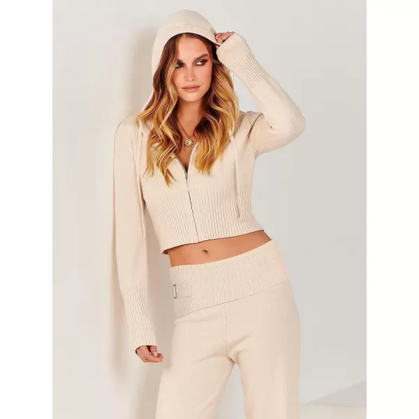 imageANRABESS Womens Two Piece Outfits Sweater Sets Zip Up Hooded Tops and High Waist Wide Leg Skinny Pants Tracksuit Lounge SetsApricot