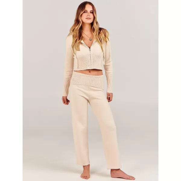 imageANRABESS Womens Two Piece Outfits Sweater Sets Zip Up Hooded Tops and High Waist Wide Leg Skinny Pants Tracksuit Lounge SetsApricot
