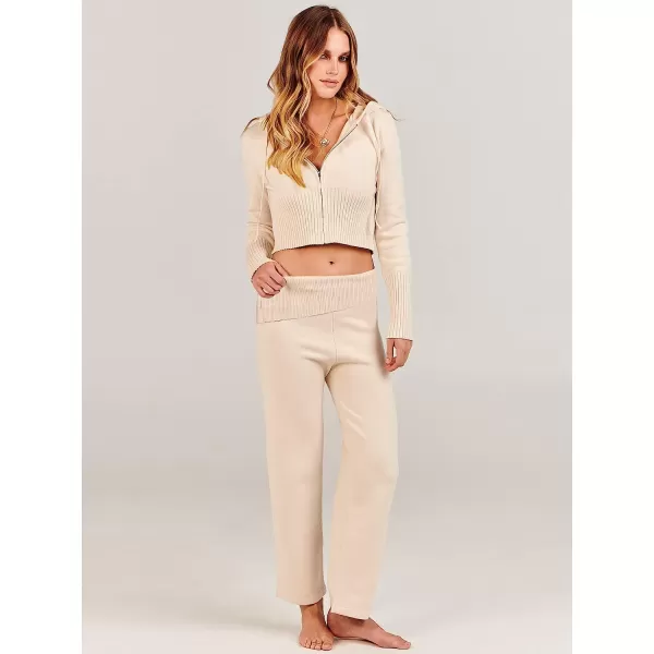 imageANRABESS Womens Two Piece Outfits Sweater Sets Zip Up Hooded Tops and High Waist Wide Leg Skinny Pants Tracksuit Lounge SetsApricot