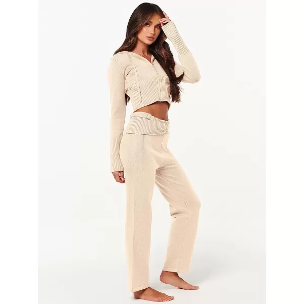 imageANRABESS Womens Two Piece Outfits Sweater Sets Zip Up Hooded Tops and High Waist Wide Leg Skinny Pants Tracksuit Lounge SetsApricot