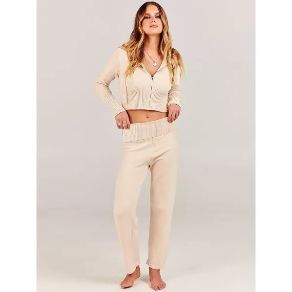 imageANRABESS Womens Two Piece Outfits Sweater Sets Zip Up Hooded Tops and High Waist Wide Leg Skinny Pants Tracksuit Lounge SetsApricot