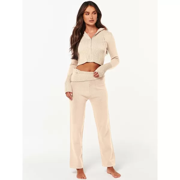 imageANRABESS Womens Two Piece Outfits Sweater Sets Zip Up Hooded Tops and High Waist Wide Leg Skinny Pants Tracksuit Lounge SetsApricot