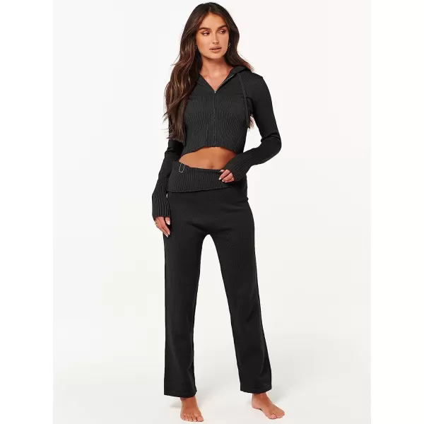 imageANRABESS Womens Two Piece Outfits Sweater Sets Zip Up Hooded Tops and High Waist Wide Leg Skinny Pants Tracksuit Lounge SetsBlack