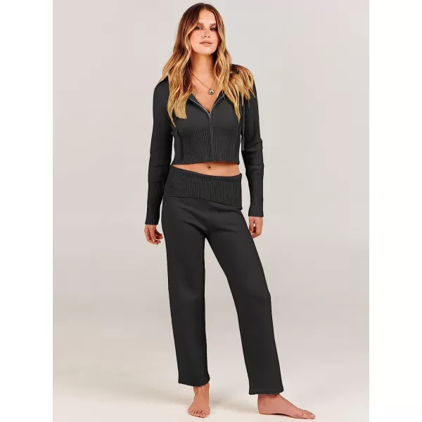 imageANRABESS Womens Two Piece Outfits Sweater Sets Zip Up Hooded Tops and High Waist Wide Leg Skinny Pants Tracksuit Lounge SetsBlack