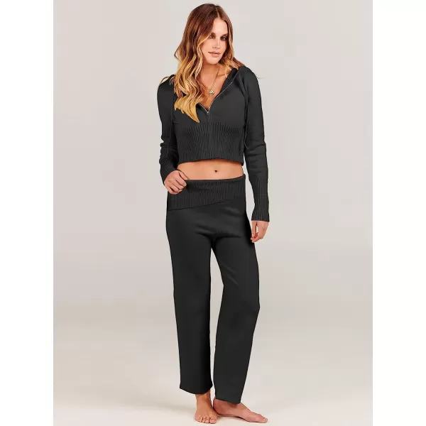 imageANRABESS Womens Two Piece Outfits Sweater Sets Zip Up Hooded Tops and High Waist Wide Leg Skinny Pants Tracksuit Lounge SetsBlack