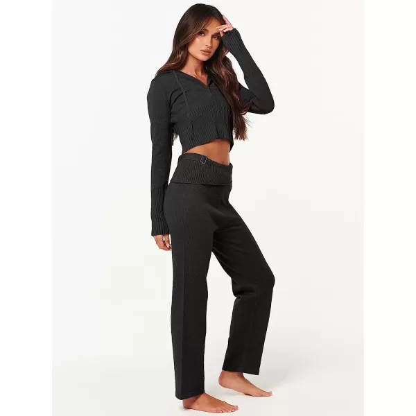 imageANRABESS Womens Two Piece Outfits Sweater Sets Zip Up Hooded Tops and High Waist Wide Leg Skinny Pants Tracksuit Lounge SetsBlack
