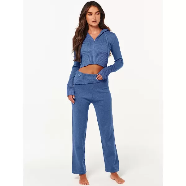 imageANRABESS Womens Two Piece Outfits Sweater Sets Zip Up Hooded Tops and High Waist Wide Leg Skinny Pants Tracksuit Lounge SetsBule