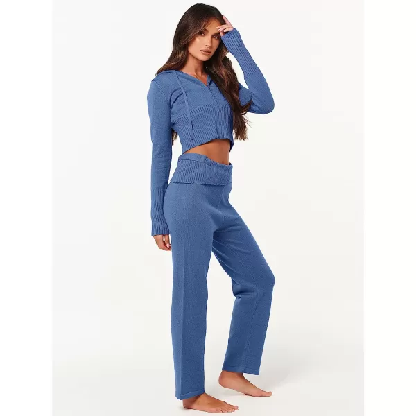 imageANRABESS Womens Two Piece Outfits Sweater Sets Zip Up Hooded Tops and High Waist Wide Leg Skinny Pants Tracksuit Lounge SetsBule