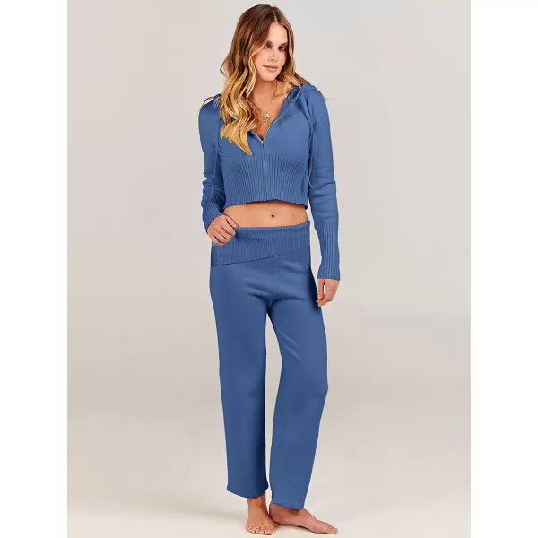 imageANRABESS Womens Two Piece Outfits Sweater Sets Zip Up Hooded Tops and High Waist Wide Leg Skinny Pants Tracksuit Lounge SetsBule