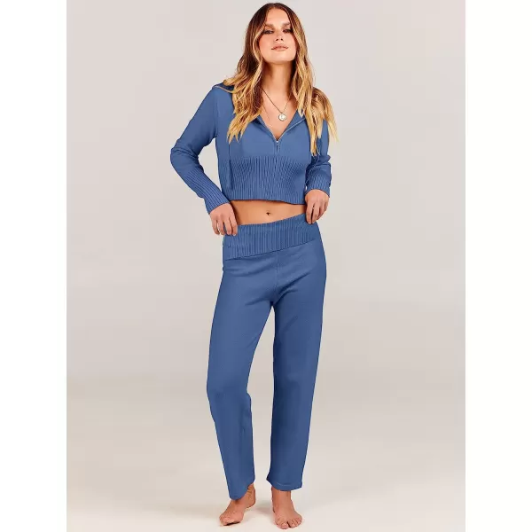 imageANRABESS Womens Two Piece Outfits Sweater Sets Zip Up Hooded Tops and High Waist Wide Leg Skinny Pants Tracksuit Lounge SetsBule