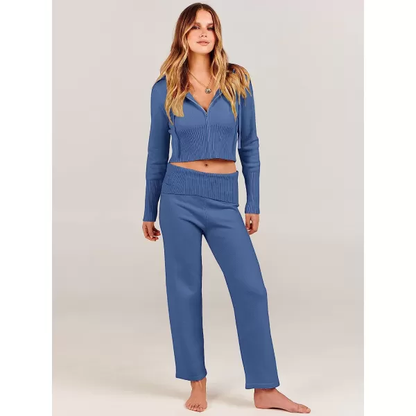 imageANRABESS Womens Two Piece Outfits Sweater Sets Zip Up Hooded Tops and High Waist Wide Leg Skinny Pants Tracksuit Lounge SetsBule