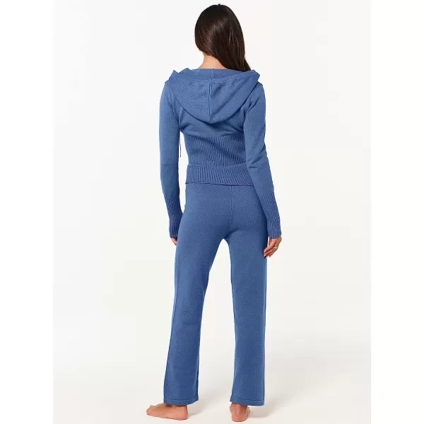 imageANRABESS Womens Two Piece Outfits Sweater Sets Zip Up Hooded Tops and High Waist Wide Leg Skinny Pants Tracksuit Lounge SetsBule