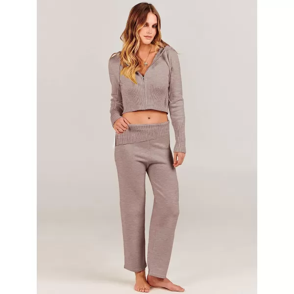 imageANRABESS Womens Two Piece Outfits Sweater Sets Zip Up Hooded Tops and High Waist Wide Leg Skinny Pants Tracksuit Lounge SetsCamel
